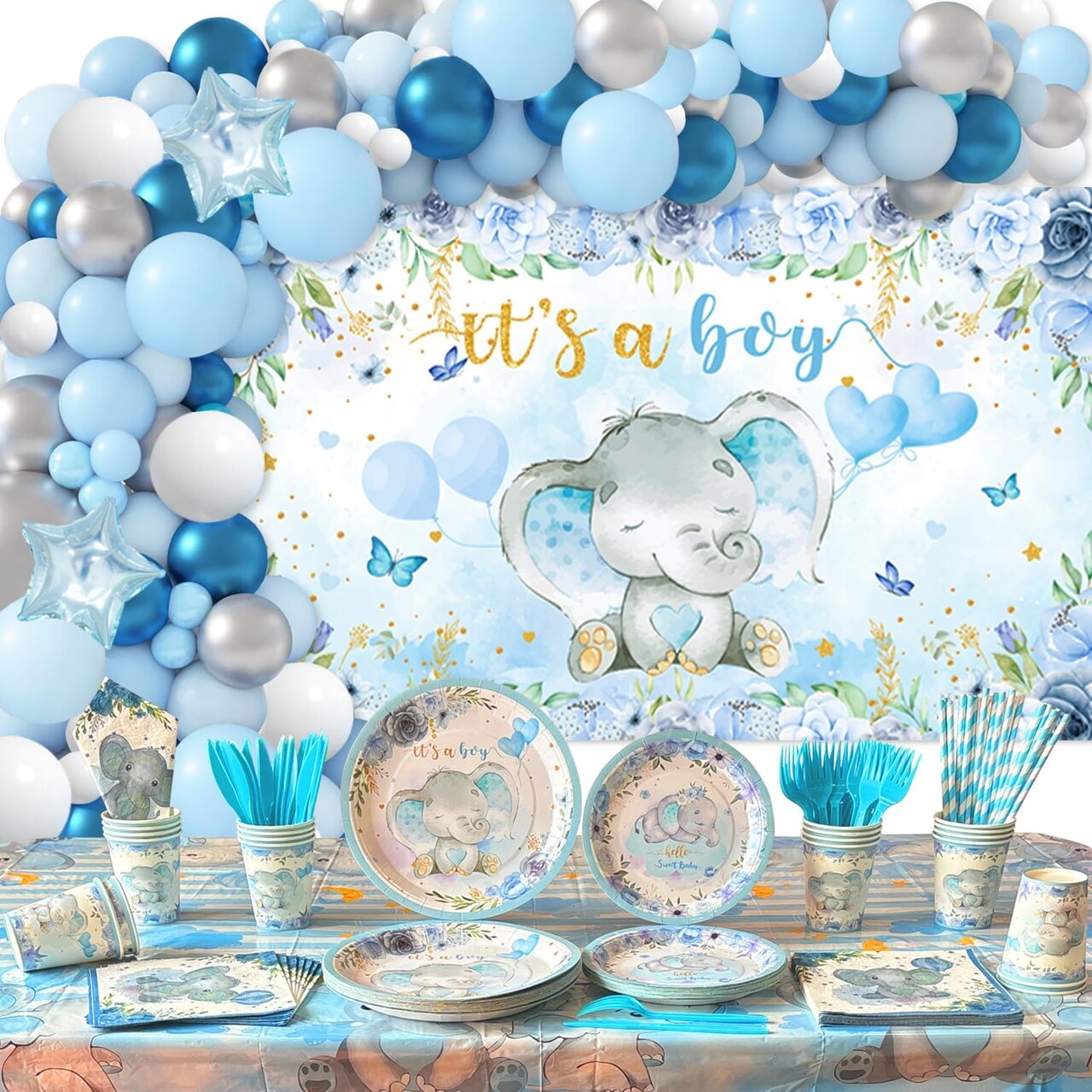 224 Pcs Blue Baby Shower Supplies(20 Guest) Includes Paper Plate (Blue)